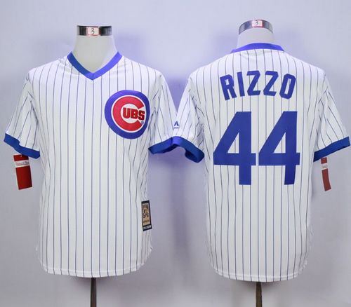 Cubs #44 Anthony Rizzo White Strip Home Cooperstown Stitched MLB Jersey - Click Image to Close